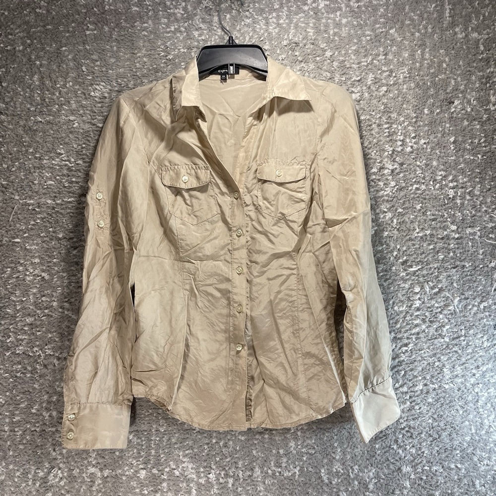 Express Silk Button Roll Tab Sleeve Shirt XS Brown Preppy Career